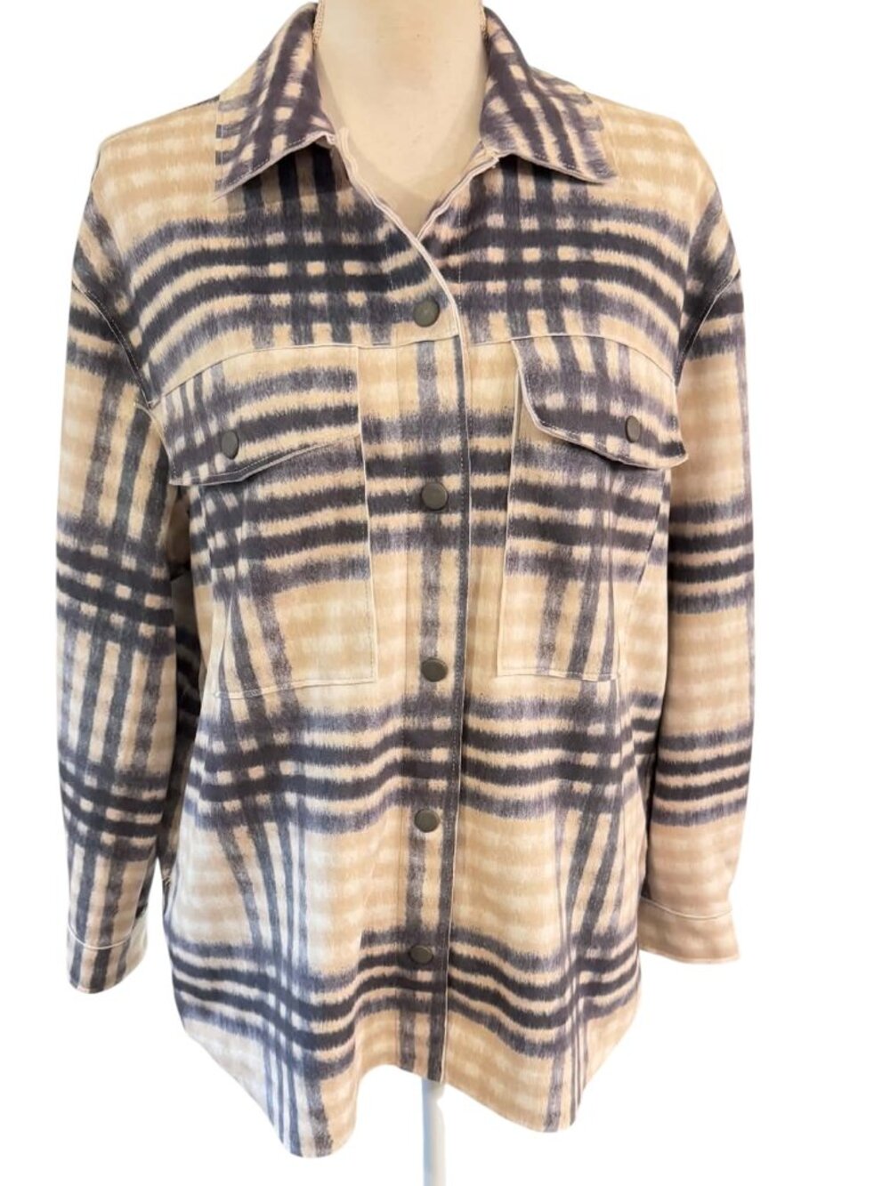 WORKSHOP REPUBLIC CLOTHING Blue and Beige Plaid Print Women's Jacket
